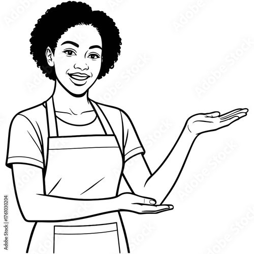Black female shop assistant showing empty space for product illustration in minimalistic style