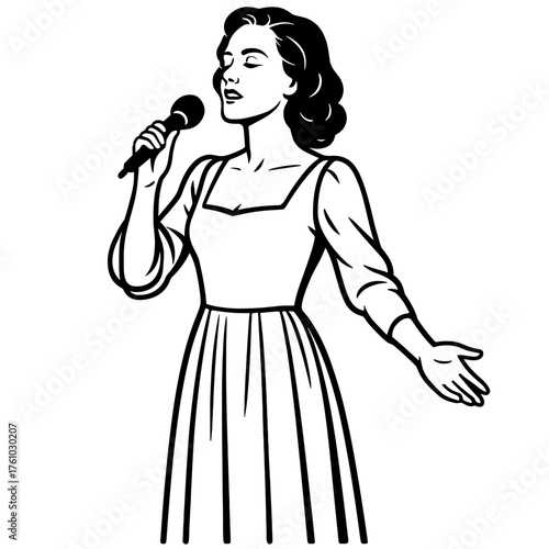 Woman singing into microphone in vintage dress on white background  