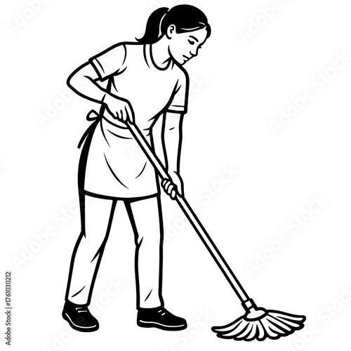 Female cleaner mopping floor illustration in minimalistic style with clean outline