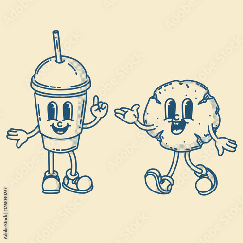 Happy retro mascot cookie and coffee to go character, smiling, thumb up gesture. Menu, homemade bakery symbol