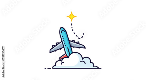 Airplane taking off from clouds illustrating travel aspirations flight to success journey adventure and tourism for a travel blog or social media post.