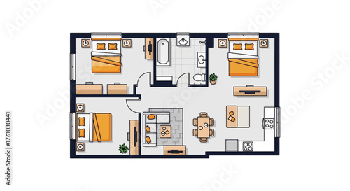 apartment floor plan with two bedrooms illustrating architectural design and space planning for real estate marketing ideal for home design website