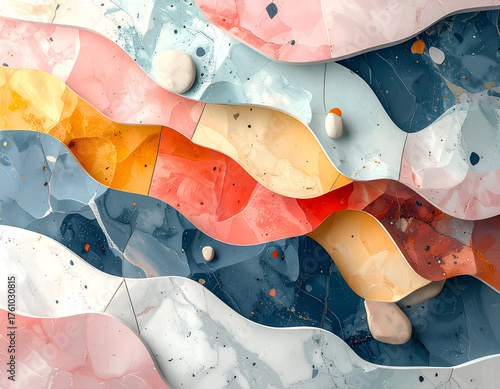 Abstract Wavy Layers with Splatters and Geometric Shapes in Muted Pastel Hues Creates a Gentle and Harmonious Composition For Backgrounds and Texture