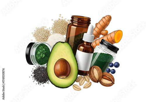 Assortment of healthy food ingredients and supplements isolated on transparent background
