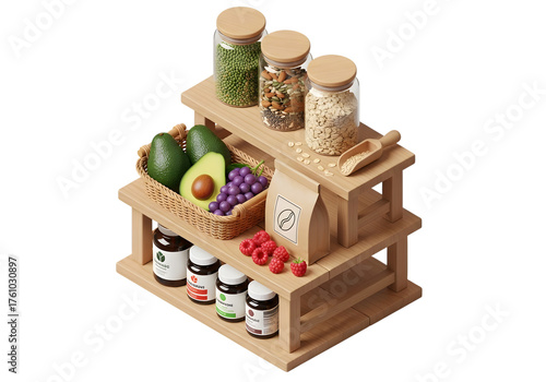 Wooden kitchen organizer shelf with jars of grains, avocados, grapes, and bottles, isolated on transparent background