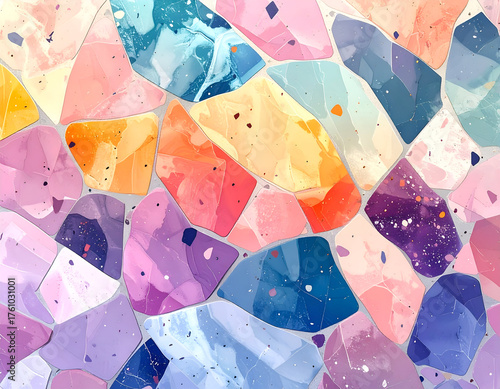 Vibrant Mosaic Pattern with Watercolor Textures in Pink Purple Orange and Blue Tones on White Background Featuring Abstract Geometric Shapes Splattered with Paint
