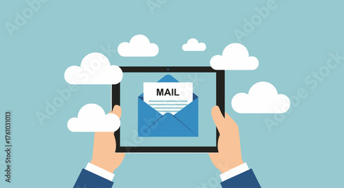 Sending and receiving digital messages via tablet device amidst clouds, symbolizing cloud computing and online communication