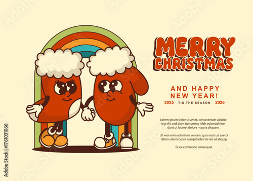 Vintage Christmas stocking and mitten on rainbow background with merry christmas text Cozy design for holiday banners and printable cards