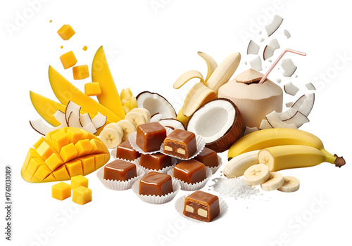 Assortment of tropical fruits like mango, banana, and coconut with chocolate candies isolated on transparent background