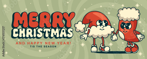 Vintage Christmas banner with santa hat and stocking mascots festive design for website header or promo flyer