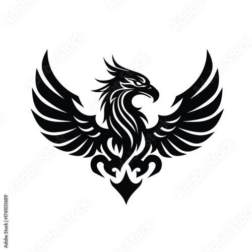 Black tribal phoenix bird with spread wings vector