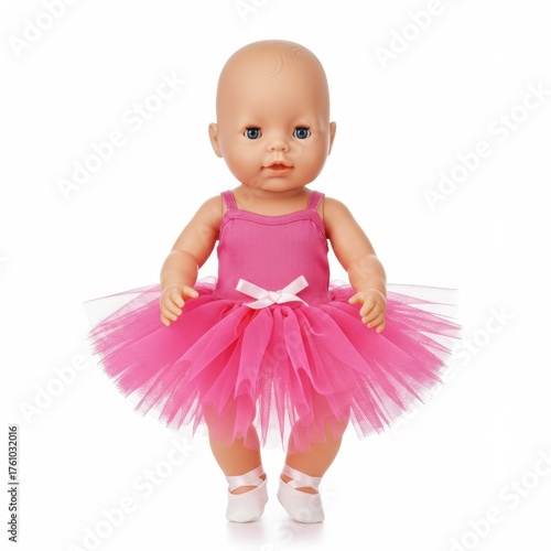 Baby doll in pink ballerina tutu on white background