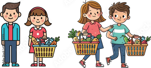 Cartoon children carrying grocery baskets, fresh produce teamwork, cheerful lifestyle, animated shopping moment, healthy habits, expressive cooperation, food responsibility