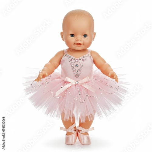 Baby doll in jeweled pink tutu dress standing on white background
