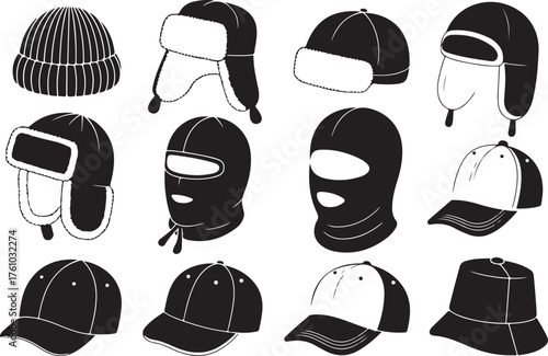 Collection of Black and White Hat Illustrations for Winter Wear and Fashion Accessories against a Plain Background