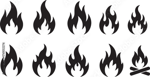Collection of Black Fire Flame Icon Vector Illustrations on White Background Set of Fire Symbols