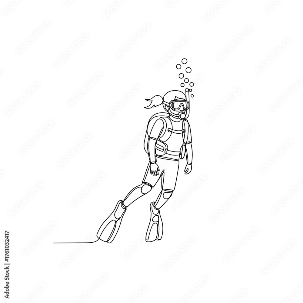 Fototapeta premium Child scuba diving underwater with bubbles and fins for Happy Children’s Day