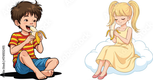 Cartoon children eating bananas, healthy snack, whimsical breakfast, cloud sitting, cheerful kids, animated lifestyle, morning joy, playful food moment