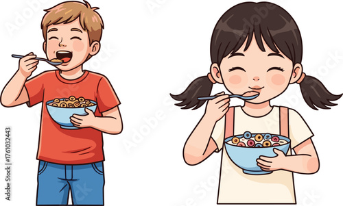 Cartoon children eating cereal, breakfast joy, morning routine, colorful loops, happy kids, spoon in hand, animated lifestyle, cheerful food moment