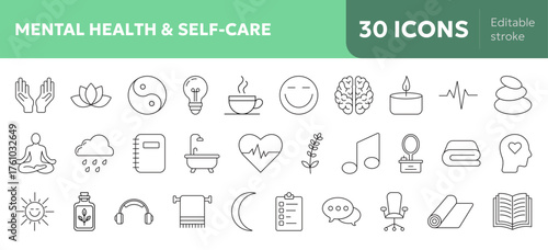 Mental health & self-care icons set for wellness, mindfulness, awareness concepts