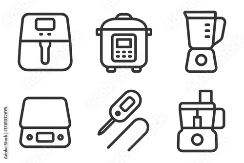 A collection of kitchen appliances, including a toaster, blender, and food processor. Vector.