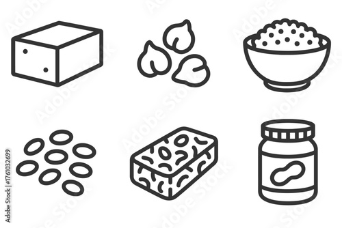 A collection of food items including nuts, cheese, and peanut butter. The image is in black and white and has a minimalist style. Vector. 