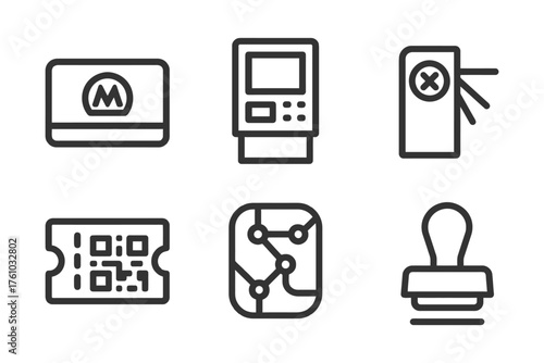 A series of icons for a travel theme. The icons include a metro card, a ticket, a map, a credit card, a key card, and a stamp. Vector. 