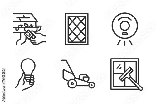 A series of icons for home maintenance and cleaning. The icons include a light bulb, a window, a vacuum, a broom, a mop. Vector. 