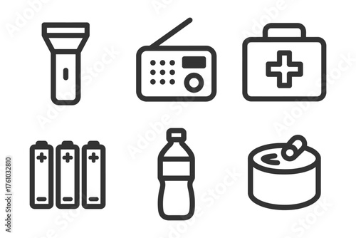 A set of icons for various items, including a flashlight, radio, first aid kit, and water bottle. Vector. 
