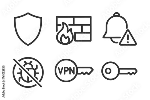 A series of icons for security and privacy. The icons include a firewall, a key, a bell, and a no-bug sign. Vector. 