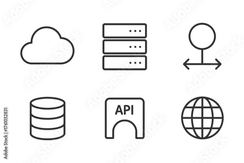 A set of icons for servers, databases, and APIs. The icons are all in black and white. Vector. 