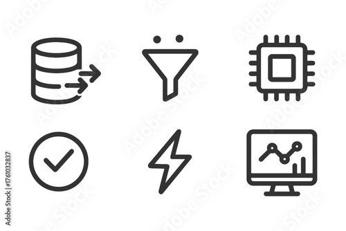 A set of icons for computer hardware and software. The icons include a clock, a check mark, a lightning bolt, a computer monitor, a keyboard. Vector. 