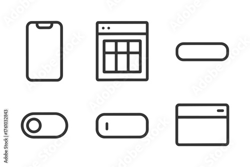 A collection of icons for a phone, computer, and other devices. The icons are all in black and white. Vector. 