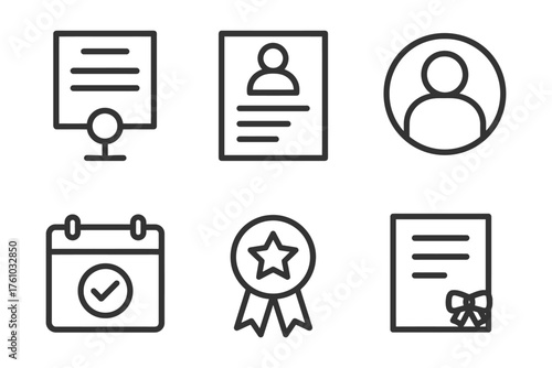 A set of icons for a calendar, certificate, and other office supplies. The icons are all black and white. Vector. 