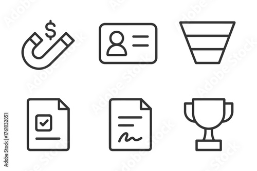 A set of six icons, including a magnet, a person, a cup, a trophy, a sign, and a paper. Vector. 