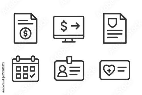 A set of icons for a computer monitor, a calendar, a credit card, a ID card, a health card, and a dollar bill. Vector. 