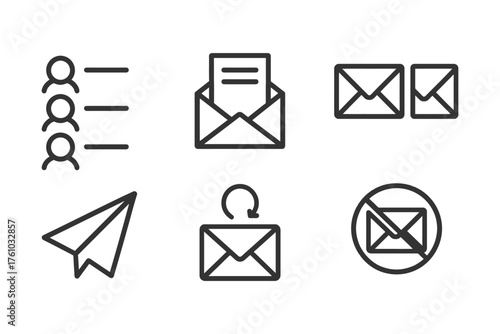 A set of icons for emails, including a paper envelope, a paper envelope with a red arrow, a paper envelope with a red circle, a paper envelo. Vector. 
