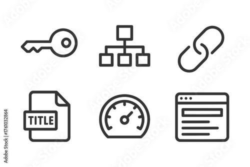 A key is shown in the top left corner of the image. The other icons include a file, a link, a speedometer, and a window. Vector. 