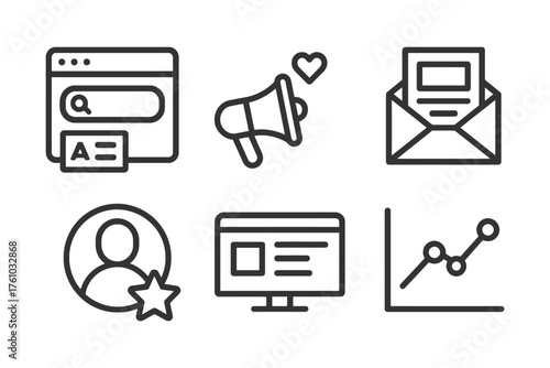 A set of icons for a computer screen, including a person, a computer monitor, a keyboard, a mouse, and a heart. Vector. 