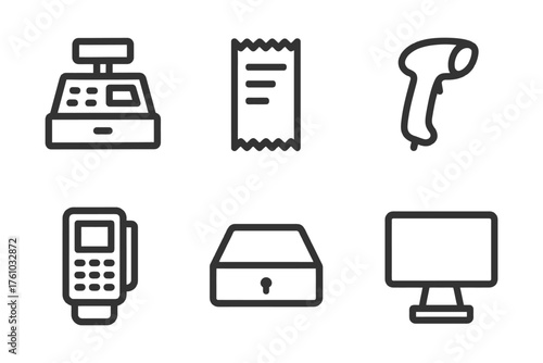 A series of icons for a cash register, a scanner, a computer monitor, a keyboard, a mouse, and a printer. Vector. 