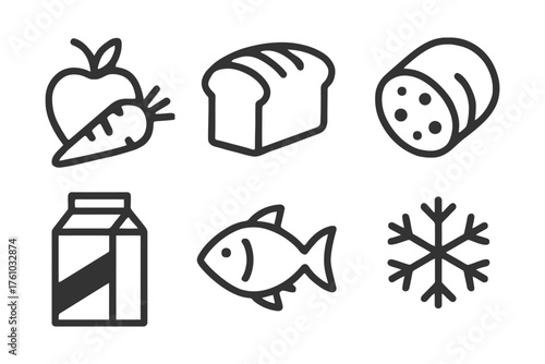 A series of food items including fish, bread, and vegetables. The image is in black and white and has a simple, clean look. Vector. 