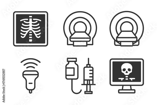 A collection of medical symbols, including a CT scan, a syringe, a monitor, and a skull. These icons represent various medical procedures. Vector. 