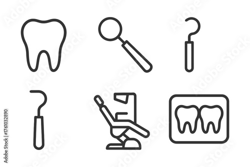A set of dental tools and a chair. Concept of professionalism and cleanliness, as the tools are all neatly arranged. Vector. 