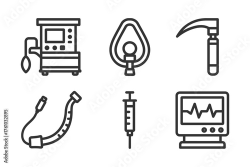 A set of medical icons including a stethoscope, syringe, and monitor. The icons are all in black and white. Vector. 