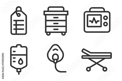 A set of medical icons including a syringe, a blood bag, an oxygen tank, a hospital bed, and a medical monitor. Vector. 
