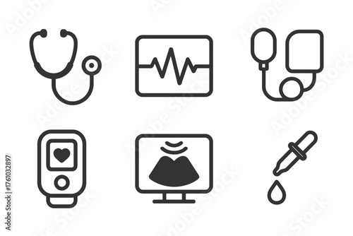 A set of medical icons including a stethoscope, a blood pressure cuff, a heart monitor, and a syringe. Vector. 