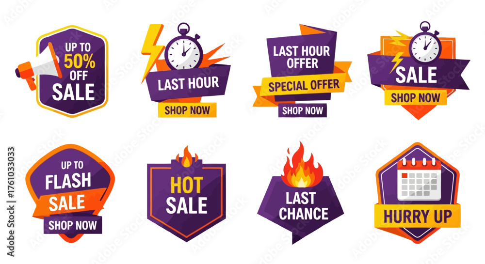 Obraz premium set of sale labels. Collection of vibrant sale badges isolated on white background, featuring eyecatching designs with bold typography and dynamic shapes to promote special offers and discounts