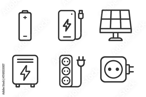 A set of icons for electronics and power sources. The icons are drawn in a simple, minimalist style. Vector. 