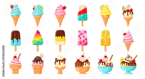 set of ice cream. Assortment of colorful ice cream treats isolated on white background, showcasing a variety of flavors and styles from cones to popsicles, perfect for a sweet summer indulgence