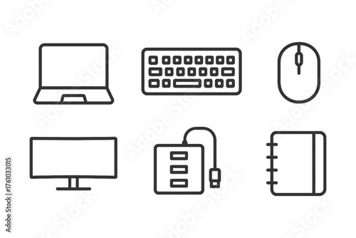 A computer mouse is shown next to a keyboard and a laptop. The mouse is black and the keyboard is white. Vector. 